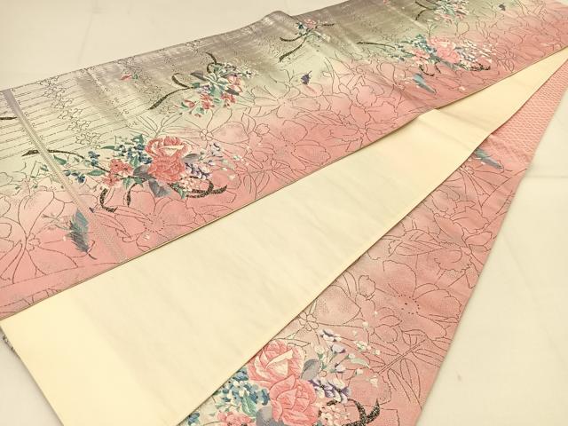 平和屋着物◎六通柄袋帯 唐織 飾花文 銀糸 正絹 逸品 BAAT8080yc