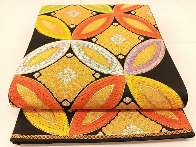平和屋着物◎六通柄袋帯 唐織 七宝文 黒地 金銀糸 正絹 逸品 BAAT8086yc