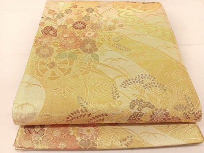 平和屋着物◎佐賀錦 六通柄袋帯 秋草花車文 金糸 正絹 逸品 BAAT8092yc