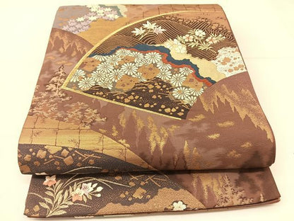 平和屋着物◎六通柄袋帯　唐織　扇面秋草文　金糸　正絹　逸品　BAAT8093yc