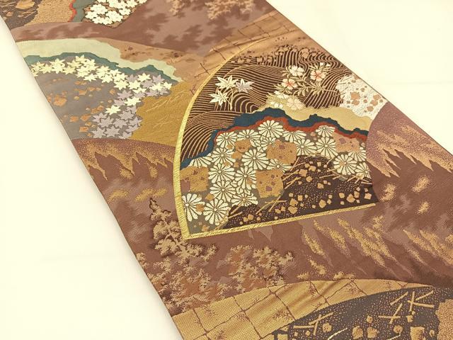 平和屋着物◎六通柄袋帯　唐織　扇面秋草文　金糸　正絹　逸品　BAAT8093yc