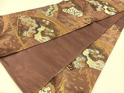 平和屋着物◎六通柄袋帯　唐織　扇面秋草文　金糸　正絹　逸品　BAAT8093yc