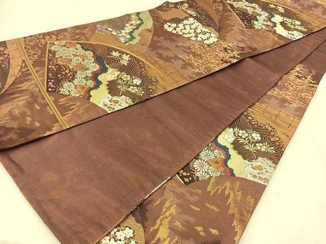 平和屋着物◎六通柄袋帯　唐織　扇面秋草文　金糸　正絹　逸品　BAAT8093yc