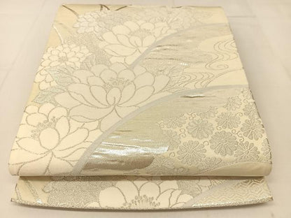 平和屋着物◎六通柄袋帯 地紙花文 銀糸 正絹 逸品 BAAT8104yc