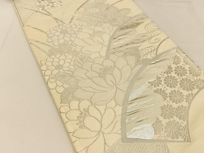 平和屋着物◎六通柄袋帯 地紙花文 銀糸 正絹 逸品 BAAT8104yc