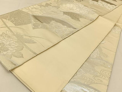 平和屋着物◎六通柄袋帯 地紙花文 銀糸 正絹 逸品 BAAT8104yc