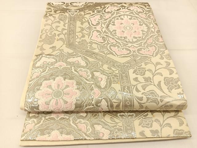 平和屋着物◎六通柄袋帯 唐織 正倉院花文 銀糸 正絹 逸品 BAAT8116yc
