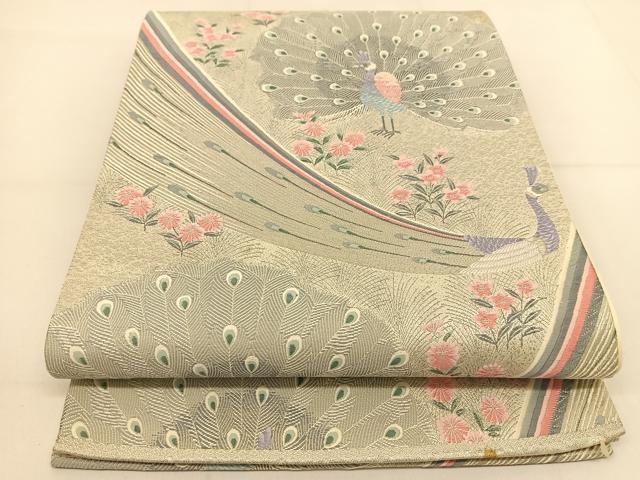 平和屋着物◎六通柄袋帯 唐織 九百錦プラチナ箔 草孔雀紋 正絹 逸品 BAAT8141yc