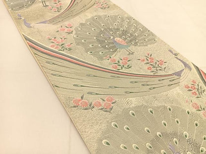 平和屋着物◎六通柄袋帯 唐織 九百錦プラチナ箔 草孔雀紋 正絹 逸品 BAAT8141yc