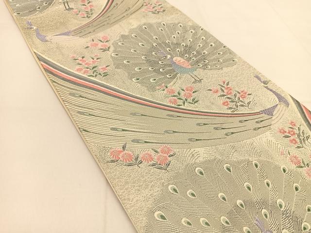平和屋着物◎六通柄袋帯 唐織 九百錦プラチナ箔 草孔雀紋 正絹 逸品 BAAT8141yc