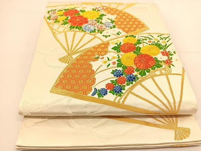 平和屋着物◎六通柄袋帯 唐織 扇面花文 金糸 正絹 逸品 BAAT8143yc