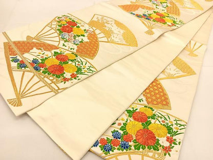 平和屋着物◎六通柄袋帯 唐織 扇面花文 金糸 正絹 逸品 BAAT8143yc