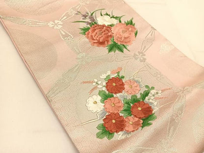 平和屋着物◎六通柄袋帯 刺繍 花丸文 銀糸 正絹 逸品 BAAT8146yc