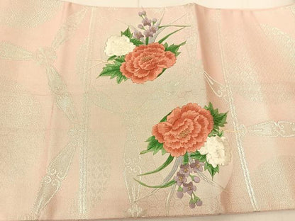 平和屋着物◎六通柄袋帯 刺繍 花丸文 銀糸 正絹 逸品 BAAT8146yc