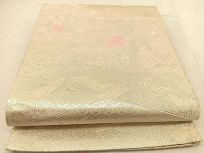 平和屋着物◎六通柄袋帯　唐織　御所車花鳥文　銀糸　正絹　逸品　BAAT8148yc