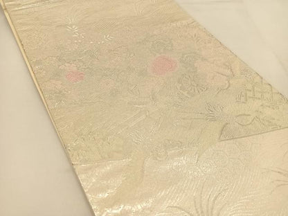 平和屋着物◎六通柄袋帯　唐織　御所車花鳥文　銀糸　正絹　逸品　BAAT8148yc