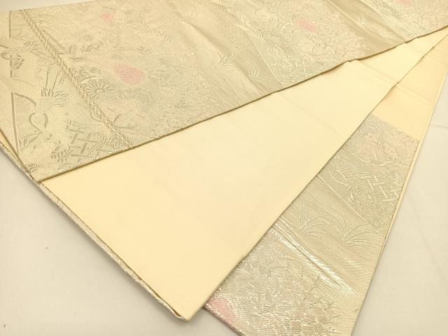 平和屋着物◎六通柄袋帯　唐織　御所車花鳥文　銀糸　正絹　逸品　BAAT8148yc