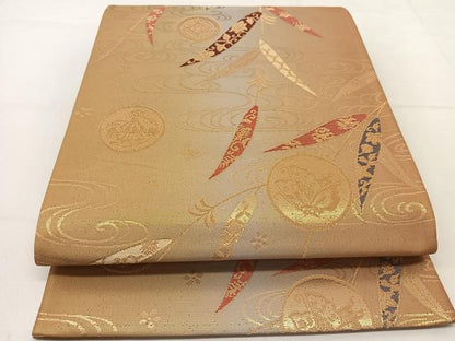 平和屋着物◎六通柄袋帯 桃山小袖 枝垂れ柳吉祥丸文 金糸 正絹 逸品 BAAT8154yc