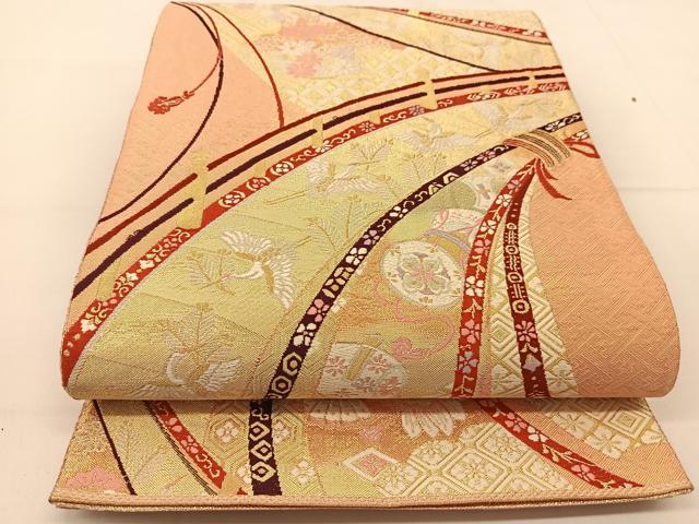 平和屋着物◎佐賀錦 六通柄袋帯 唐織 結び熨斗吉祥飛鶴文 金糸 正絹 逸品 BAAT8155yc