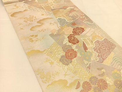 平和屋着物◎六通柄袋帯 色紙重ね御所車花文 金銀糸 正絹 逸品 BAAT8162yc