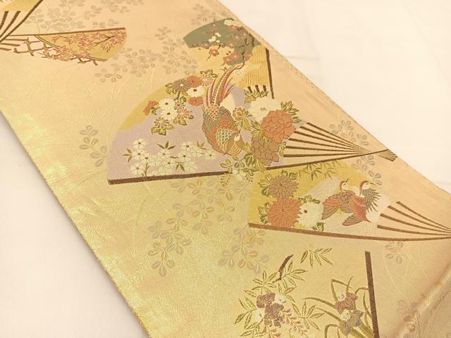 平和屋着物◎六通柄袋帯　九百佐賀錦　扇花鳥文　金糸　正絹　逸品　BAAT8177yc
