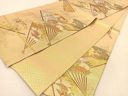 平和屋着物◎六通柄袋帯　九百佐賀錦　扇花鳥文　金糸　正絹　逸品　BAAT8177yc