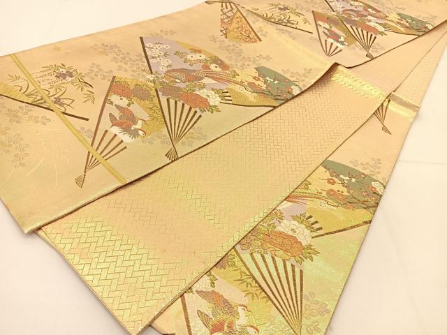 平和屋着物◎六通柄袋帯　九百佐賀錦　扇花鳥文　金糸　正絹　逸品　BAAT8177yc