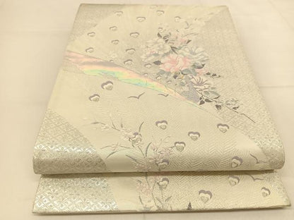平和屋着物◎六通柄袋帯 唐織 九百織 オパール箔 孔雀花文 金銀糸 正絹 逸品 BAAT8181yc