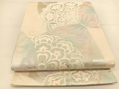 平和屋着物◎六通柄袋帯 花蝶文 銀糸 正絹 逸品 BAAT8185yc