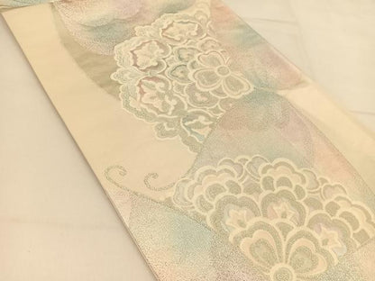 平和屋着物◎六通柄袋帯 花蝶文 銀糸 正絹 逸品 BAAT8185yc