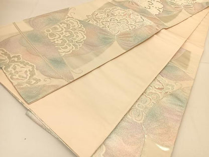 平和屋着物◎六通柄袋帯 花蝶文 銀糸 正絹 逸品 BAAT8185yc