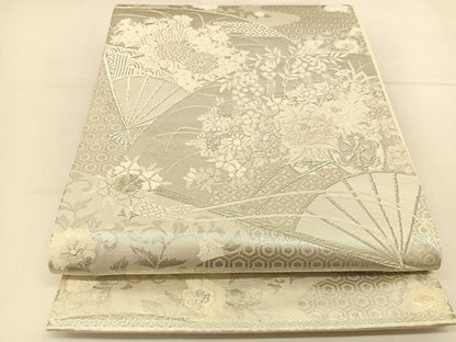 平和屋着物◎六通柄袋帯　唐織　美保姿　扇面花車文　銀糸　正絹　逸品　BAAT8187yc