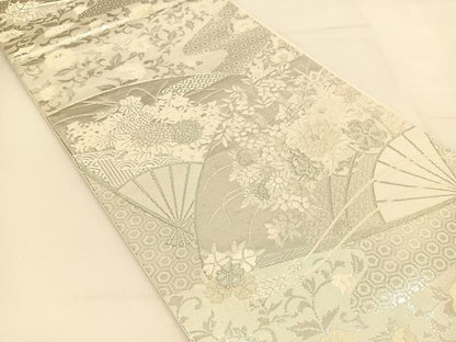 平和屋着物◎六通柄袋帯　唐織　美保姿　扇面花車文　銀糸　正絹　逸品　BAAT8187yc