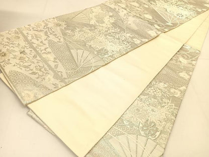 平和屋着物◎六通柄袋帯　唐織　美保姿　扇面花車文　銀糸　正絹　逸品　BAAT8187yc