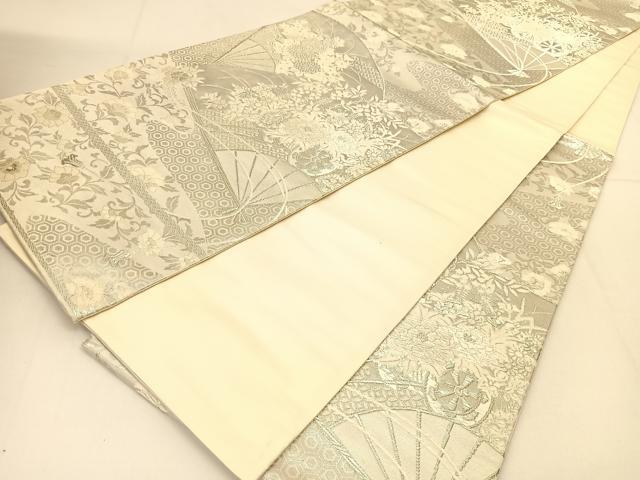 平和屋着物◎六通柄袋帯　唐織　美保姿　扇面花車文　銀糸　正絹　逸品　BAAT8187yc