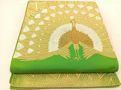 平和屋着物◎六通柄袋帯 唐織 孔雀文 金糸 正絹 逸品 BAAT8193yc