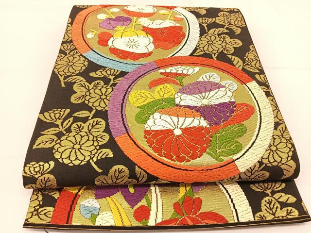 平和屋着物◎六通柄袋帯　唐織　花丸文　黒地　金糸　正絹　逸品　BAAT8207yc