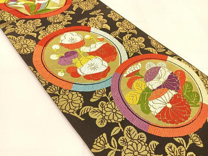 平和屋着物◎六通柄袋帯　唐織　花丸文　黒地　金糸　正絹　逸品　BAAT8207yc