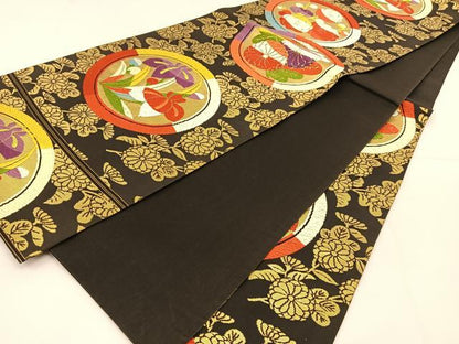 平和屋着物◎六通柄袋帯　唐織　花丸文　黒地　金糸　正絹　逸品　BAAT8207yc