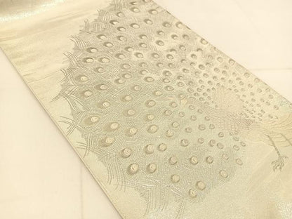 平和屋着物◎太鼓柄袋帯　唐織　雄麗四季孔雀文　銀糸　正絹　逸品　BAAT8218yc