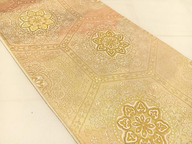 平和屋着物◎六通柄袋帯　亀甲正倉院花文　金糸　正絹　逸品　BAAT8224yc