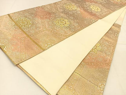 平和屋着物◎六通柄袋帯　亀甲正倉院花文　金糸　正絹　逸品　BAAT8224yc