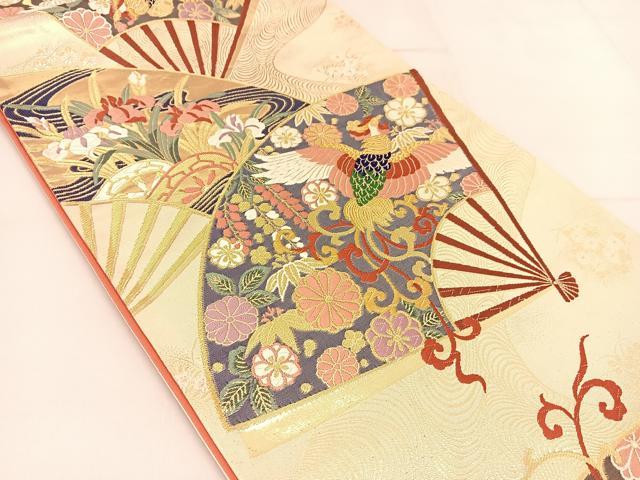 平和屋着物◎六通柄袋帯 唐織 扇面鳳凰紋 金銀糸 正絹 逸品 BAAT8234yc