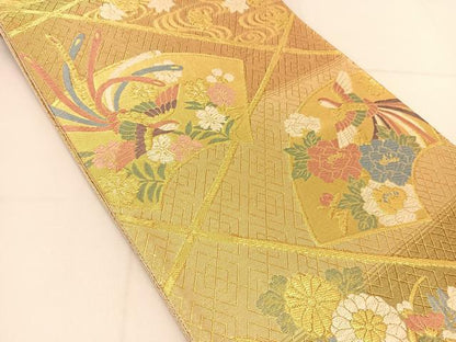 平和屋着物◎佐賀錦　六通柄袋帯　唐織　地紙鳳凰花文　金糸　正絹　逸品　BAAT8236yc