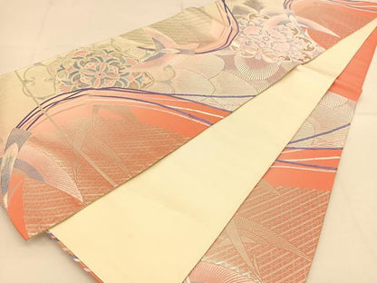 平和屋着物◎六通柄袋帯　唐織　孔雀華文　銀糸　正絹　逸品　BAAT8244yc