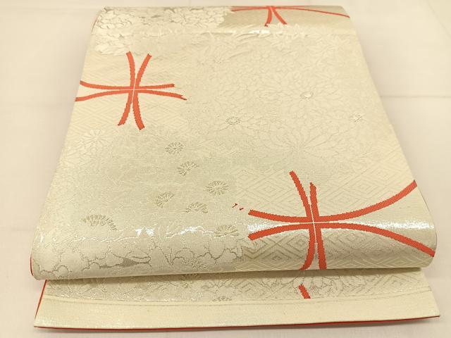 平和屋着物◎六通柄袋帯 七宝花丸文 銀糸 正絹 逸品 BAAT8246yc