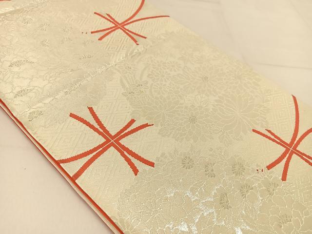 平和屋着物◎六通柄袋帯 七宝花丸文 銀糸 正絹 逸品 BAAT8246yc