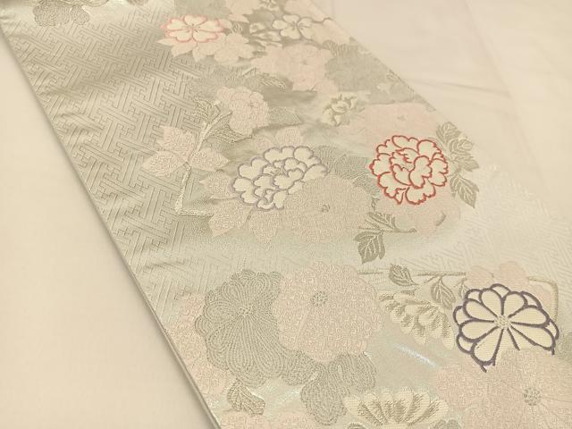平和屋着物◎六通柄袋帯 草花文 銀糸 正絹 逸品 BAAT8253yc