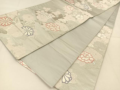 平和屋着物◎六通柄袋帯 草花文 銀糸 正絹 逸品 BAAT8253yc