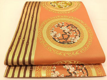 平和屋着物◎六通柄袋帯 唐織 花絵皿 金糸 正絹 逸品 BAAT8254yc